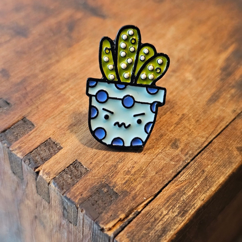 Enamel Pin Unisex OS Blue Angry Cactus Succulent Kawaii Polka Dot Pin